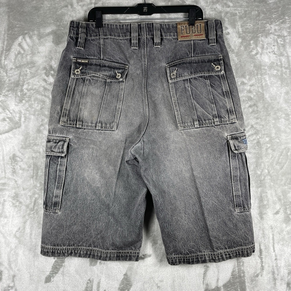 Vtg Y2K FUBU Cargo Shorts Black Denim Jorts Super Baggy Loose 38W (fit 36x15)